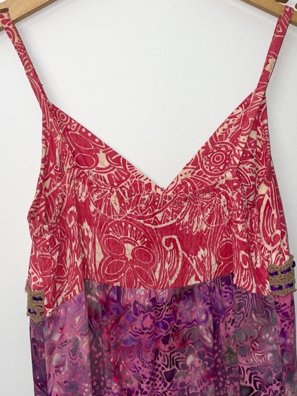 Santiki Sun Dress M Pink & Orange Batik Bohemian Floral Crochet Trim Smock Back - Picture 3 of 10